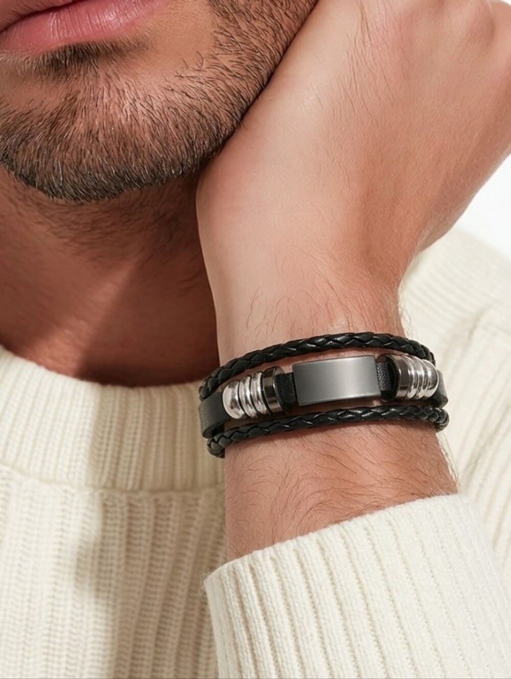 Men’s Punk Bar Faux Leather Bracelet Adjustable Edgy Statement Layered Casual